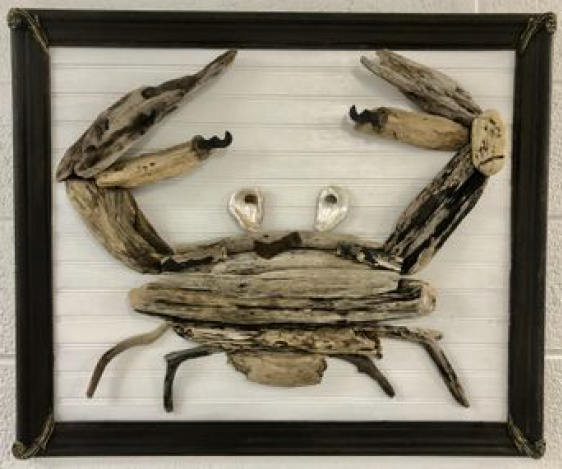 Bay Crab, Renee Wallace, Driftwood on Bead Board, $250