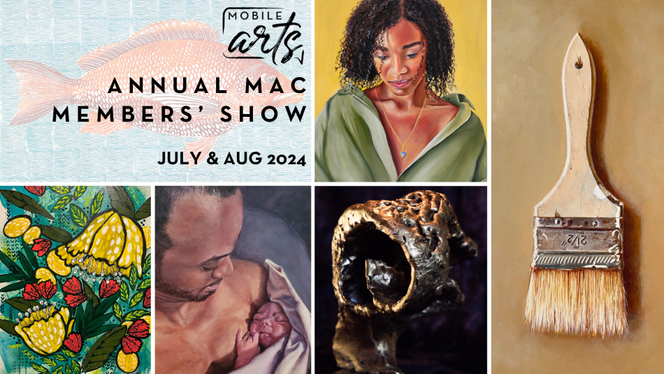 Mobile Arts - ANNUAL MAC MEMBERS' SHOW JULY & AUG 2024 Painting of a woman, flowers, man holding baby, abstract art, and a paint brush