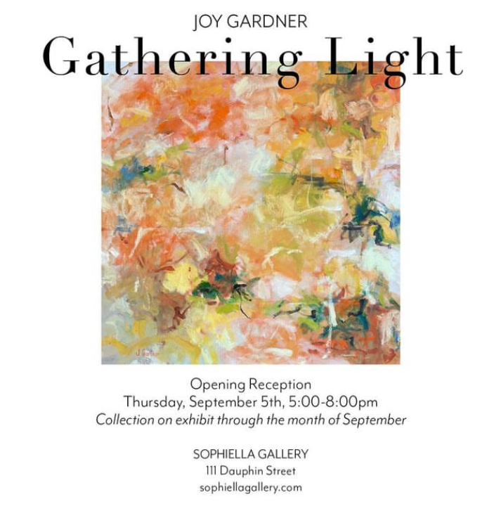 Join Sophiella Gallery for their opening reception of Gathering Light by Joy Gardner! The reception will be held Thursday, September 5, 2024 from 5:00pm til 8:00pm. Collection will be on exhibit throughout the month of September.