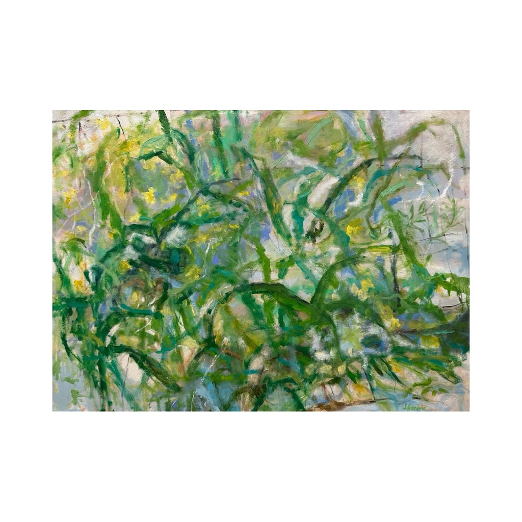 Growing by Joy Gardner abstract painting with vivid yellows and deep greens