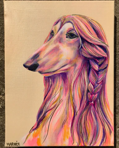 Marnée Wiley painting of aphgan dog in pink, purple and yellow