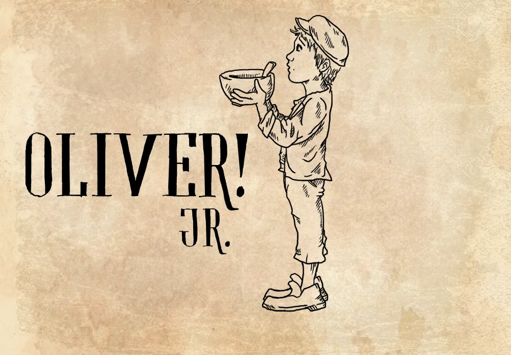 Outline of young boy holding a bowl, text Oliver! Jr.