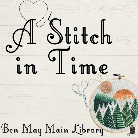 A Stitch in Time Ben May Main Library Cross stitch of sun & mountain range