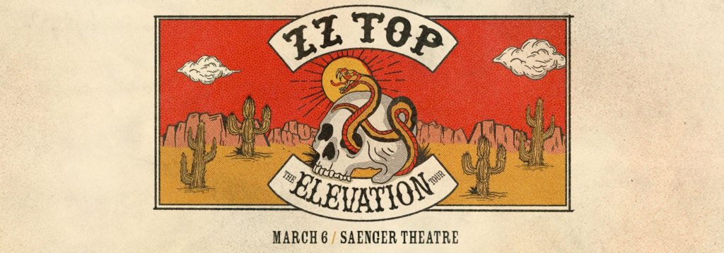 ZZ Top The Elevation Tour March 6 Saenger Theatre Skull with snake coming through eye socket with desert sunset background