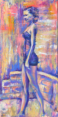 purple, orange and pink painting of lady in one piece swim suit