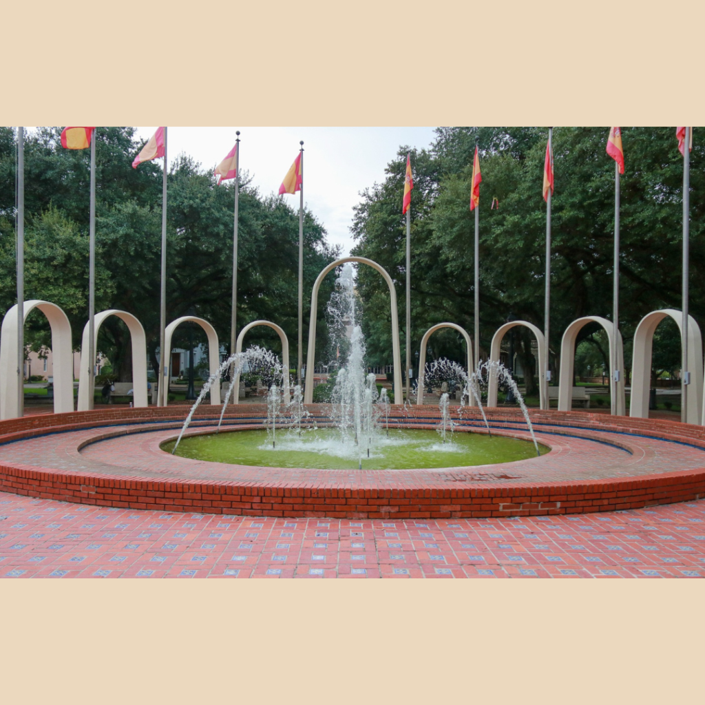 photograph of Spanish Plaza fountain in park by Ransom Phelps