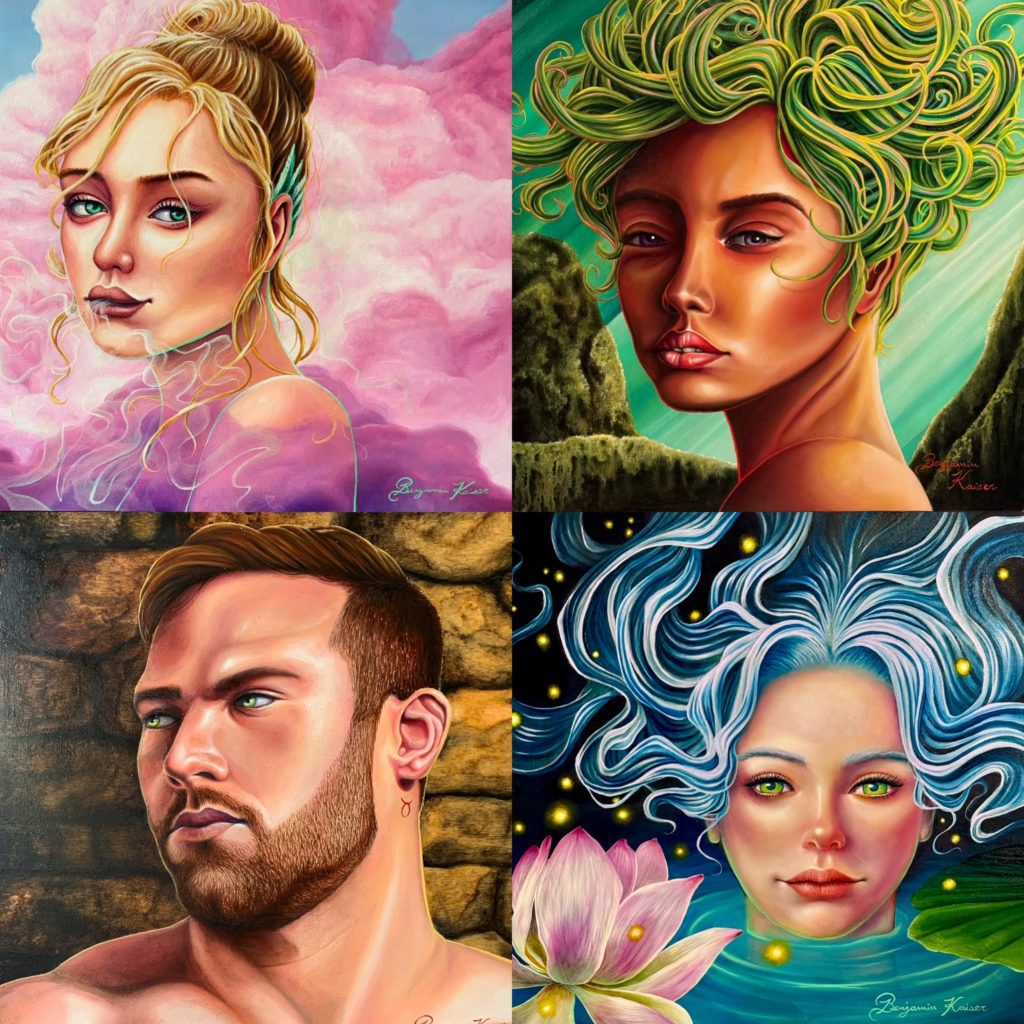 four  character pieces by Ben Kaiser in one square, blonde woman, green haired woman, blue eyed man, and blue haired woman