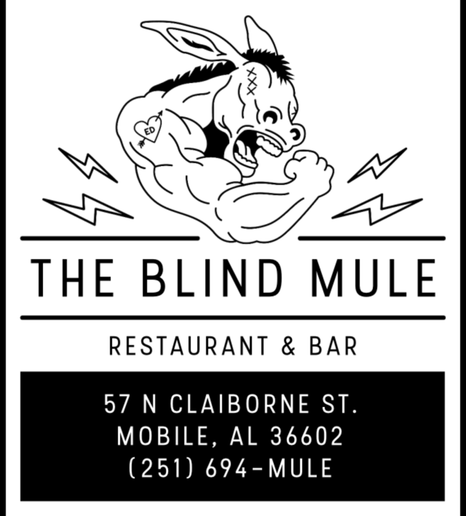 The Blind Mule logo with address and phone number