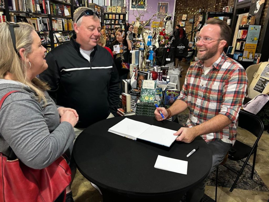 Author Matthew Bounds greeting fans in The Haunted Book Shop