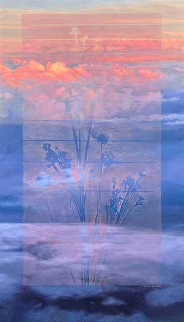 Oil painting by Anneio Klaas, of florals reflecting into sky scape.