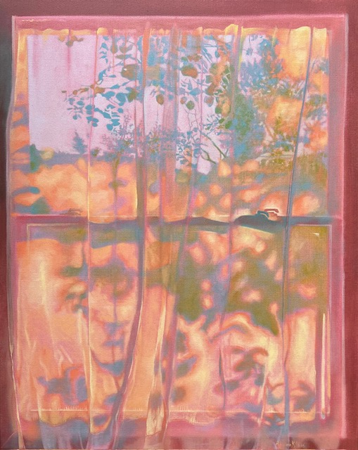 Oil painting by Anneio Klaas of curtains in vibrant colors shining light with shadows depicting trees.