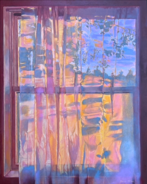 Oil painting by Anneio Klaas of curtains in vibrant colors shining light with shadows depicting trees.