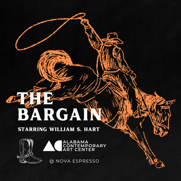 Graphic outline of coybow with lasso riding horse The Bargain Starring William S. Hart Graphic outline cowboy boots Alabama Contemporary Art Center @ Nova Espresso