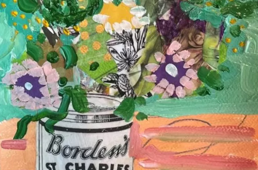 Mixed media artwork, flowers in a can