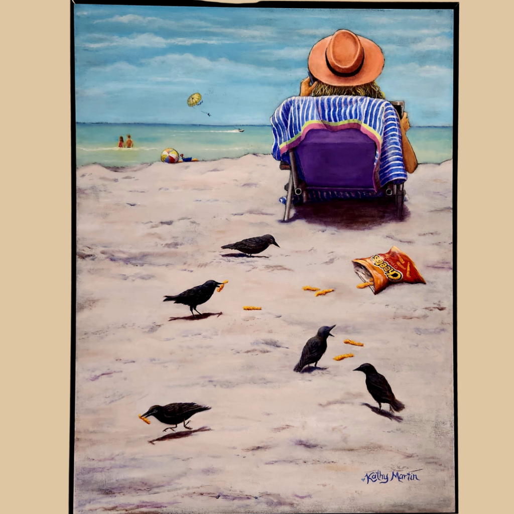 painting of birds at beach stealing cheetos by Kathy Martin