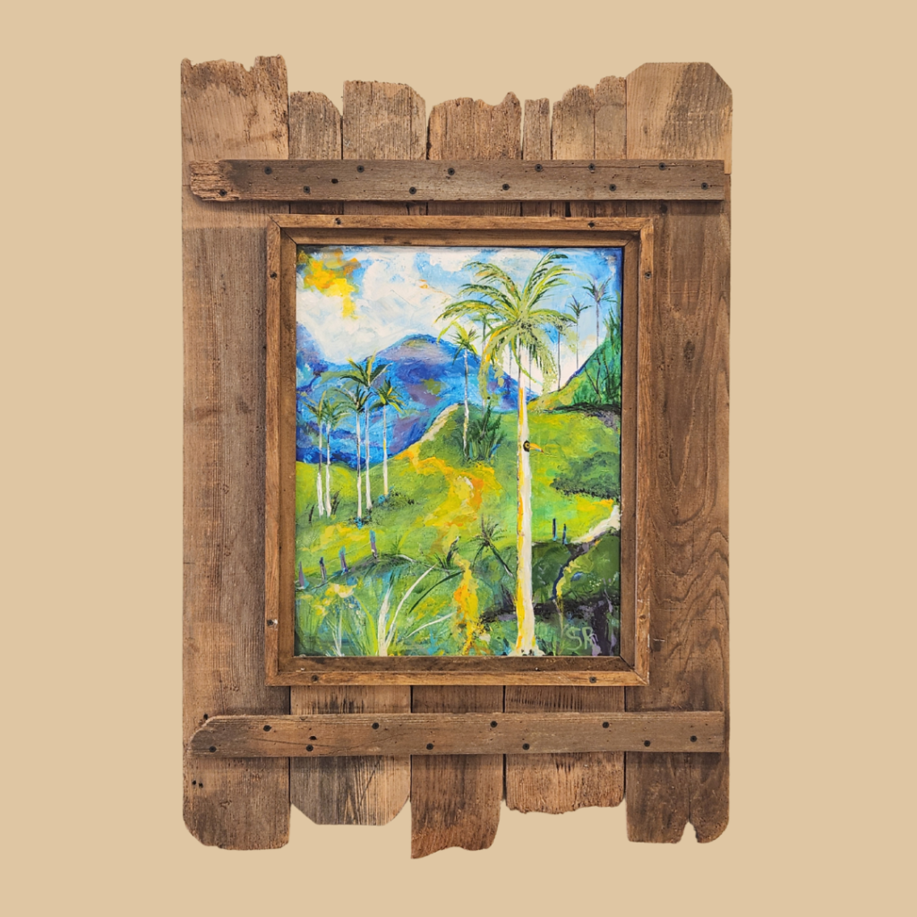 Painting of Tucan nest in palm tree in wooden frame