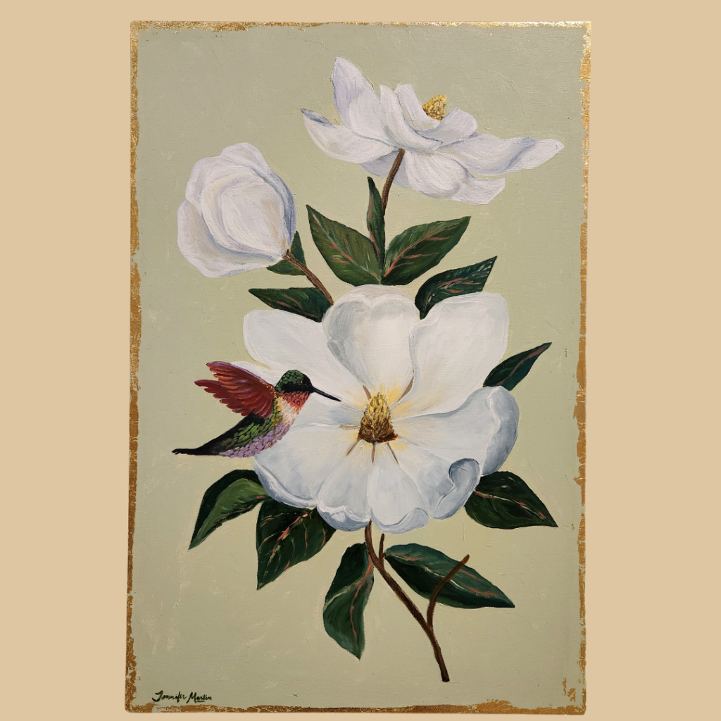 painting by Jennifer Martin of magnolias and humming bird with gold leaf edges