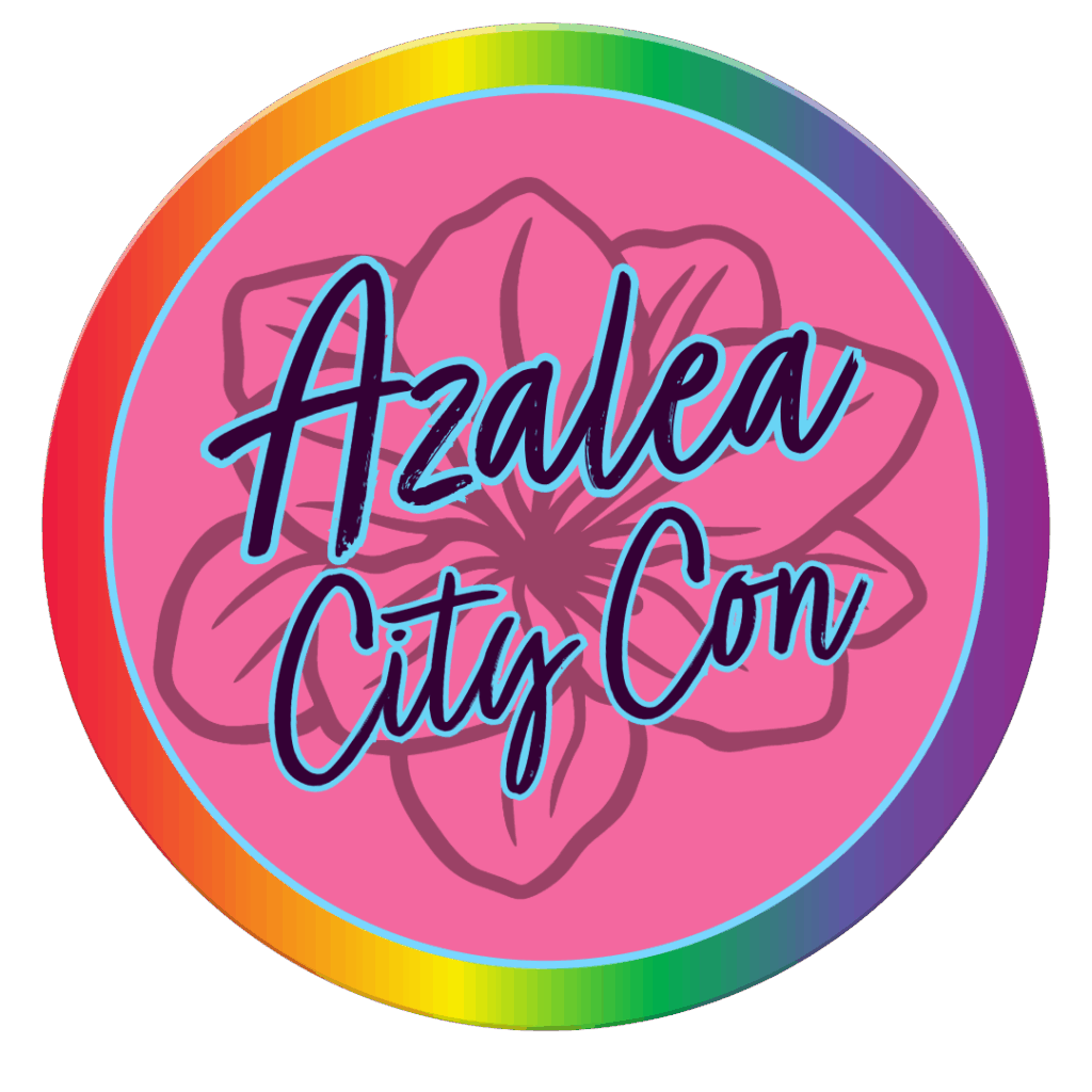 Azalea City Con logo Rainbow circle bored ear with pink interior and outline of azalea flower