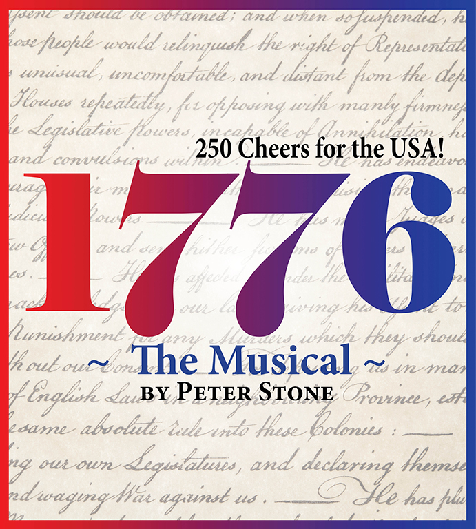 Background: cursive written letter, Text: Gradient Red,Purple, Blue 1776 The Musical by Peter Stone