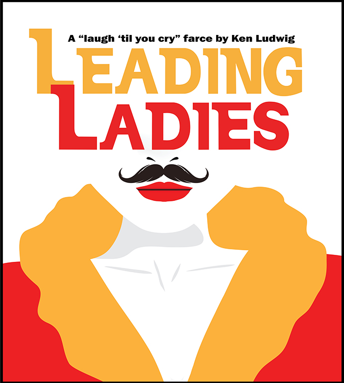 Leading Ladies Poster, silhouette with yellow red robe, red lipstick and mustache