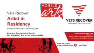 Mobile Arts Council graphic for call to artist for Residency program at Vets Recover