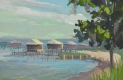 gouache painting of fairhope bay with pier houses