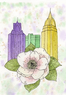 watercolor mobile skyline with magnolia flower