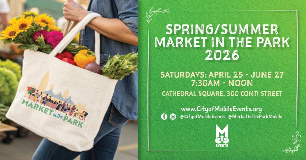 Spring/Summer Market in the Park Flyer, Tote with Fresh Flowers and Produce
