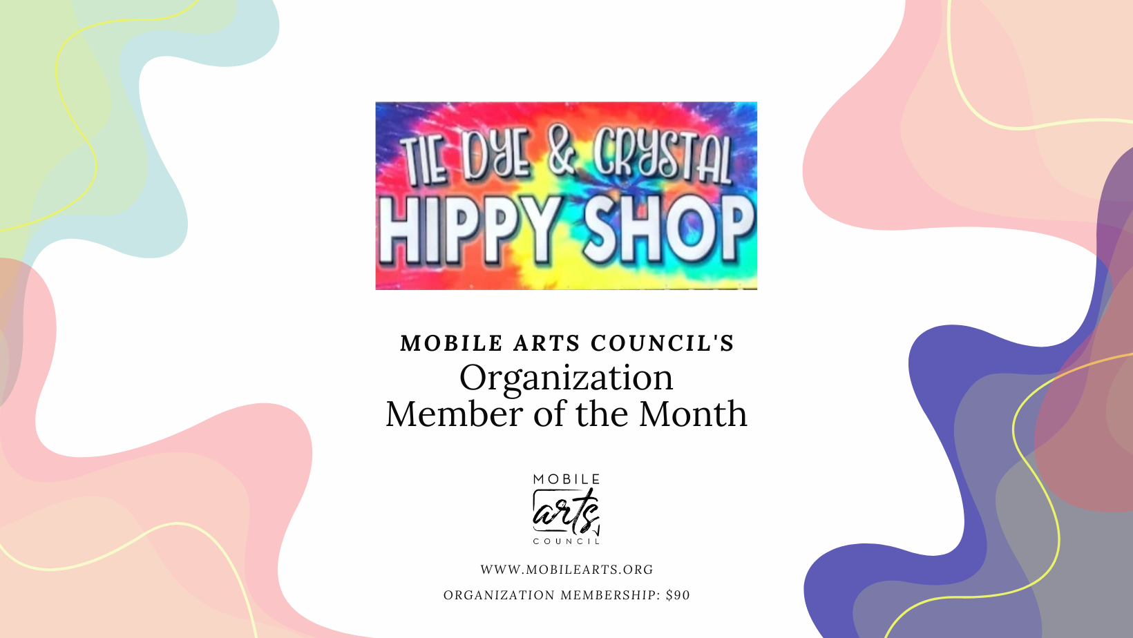 graphic for the May Organization Member of the Month The Hippy Shop. Tie Dye & Crystal Hippy Shop